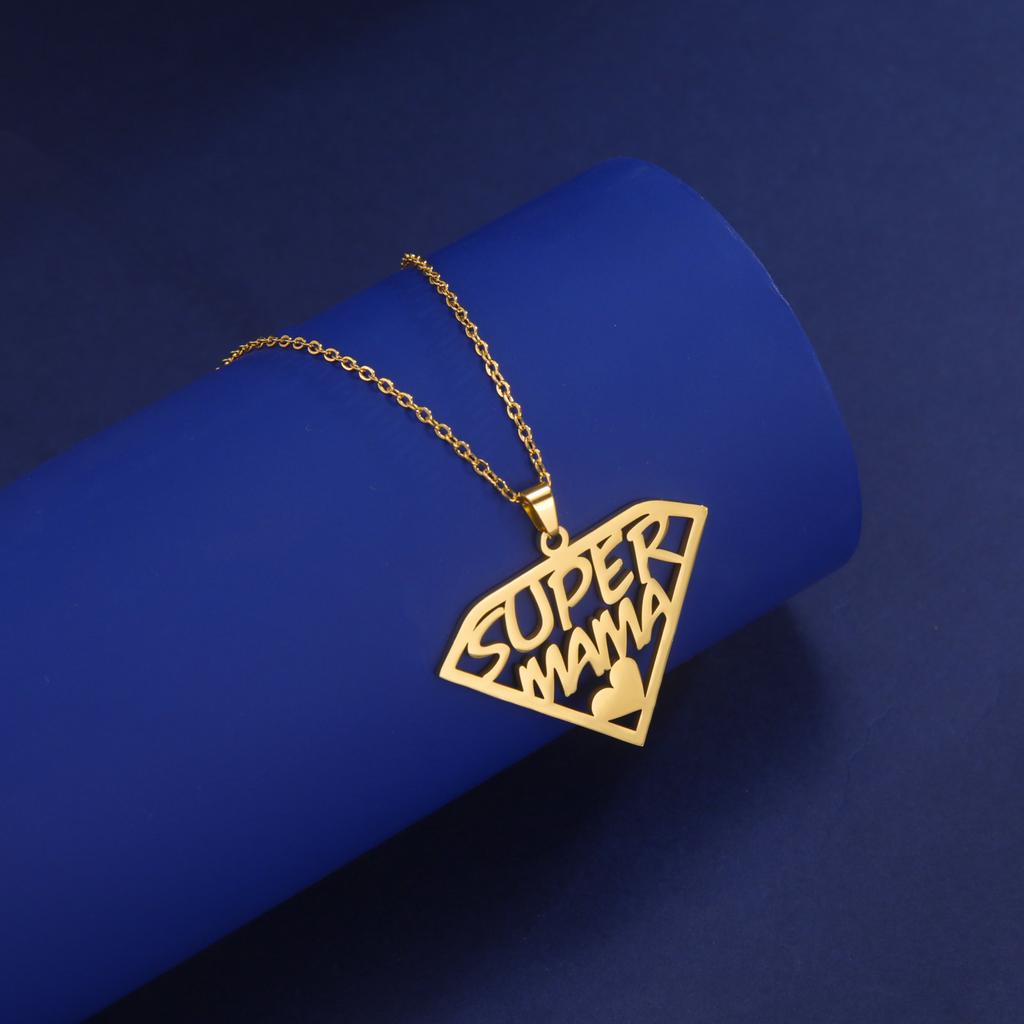Lemegeton Mama Letter Necklace For Women Super Papa Mom Dad Pendant Stainless Steel Chain Choker Necklace Jewelry Mother's Day