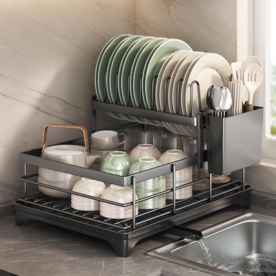 Multifunctional Kitchen Dish Rack with Layered Storage and Water Tray