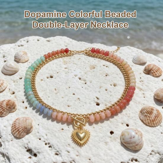 Preppy Aesthetic Beaded Necklace Women Layered Necklace, Heart Pendant Colorful Bohemian Choker Jewelry for Summer Beach Party