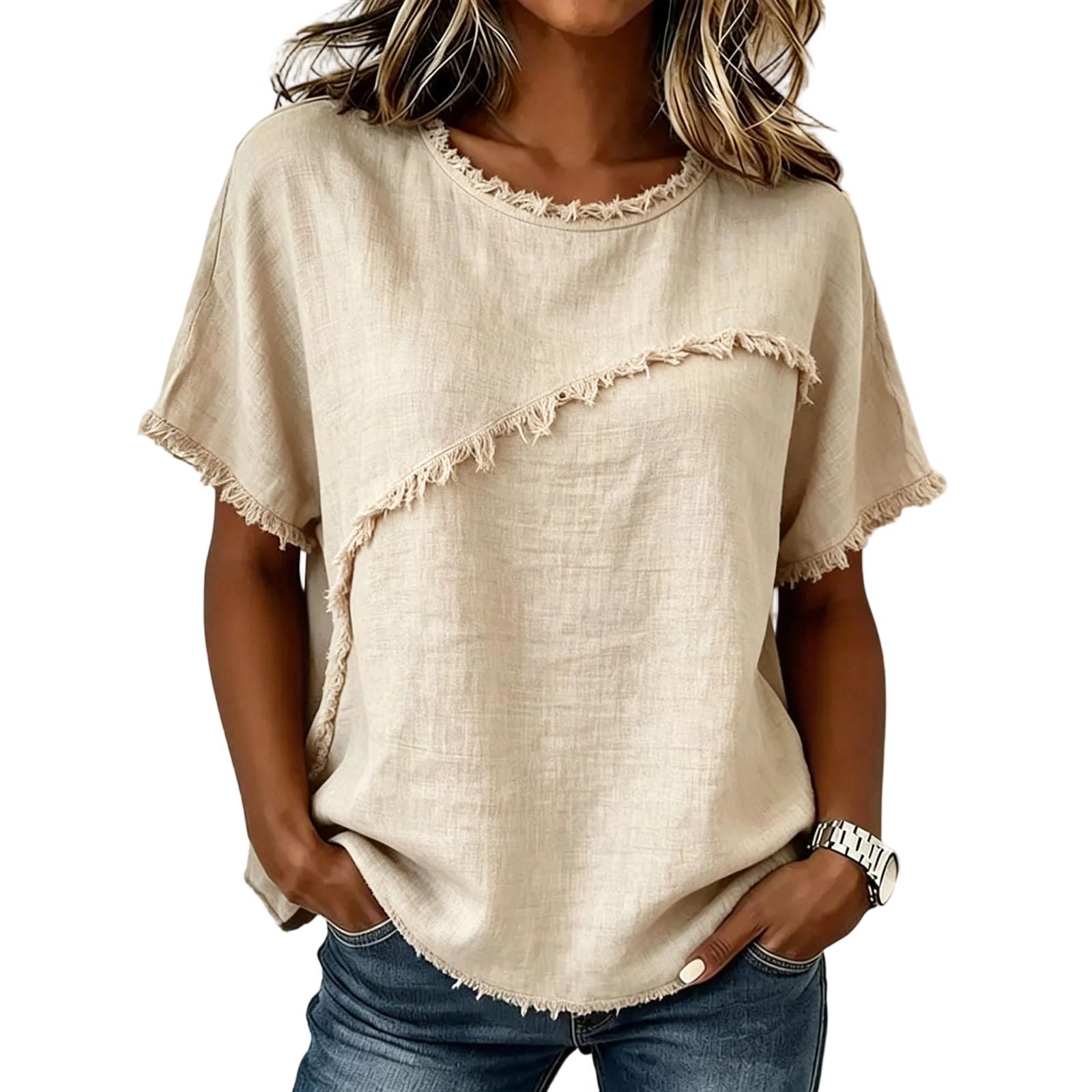 Ladies  Casual And Fashionable Round Neck Loose Linen Short Sleeved Top L