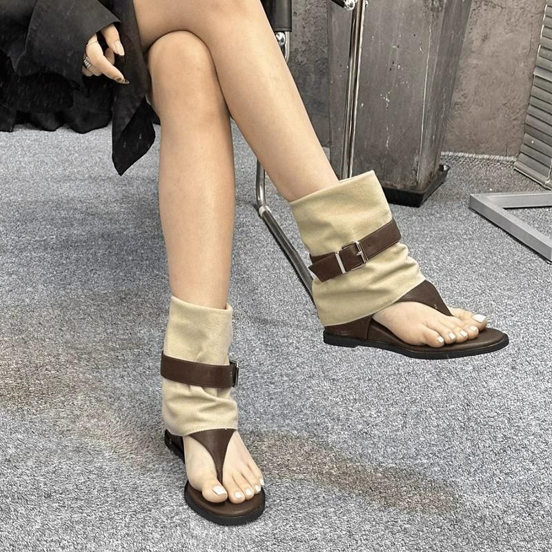 Retro belt buckle pants boots women's new fashion open-toed herringbone boots inner height increase short boots two wear cool boots
