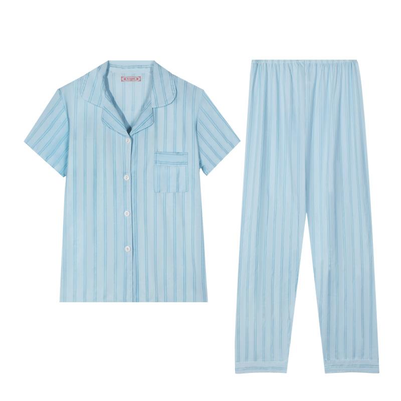 Summer Imitation Cotton Pajamas Women's Korean Simple Striped Women's Cardigan Short-sleeved Plus Size Casual Loungewear Set