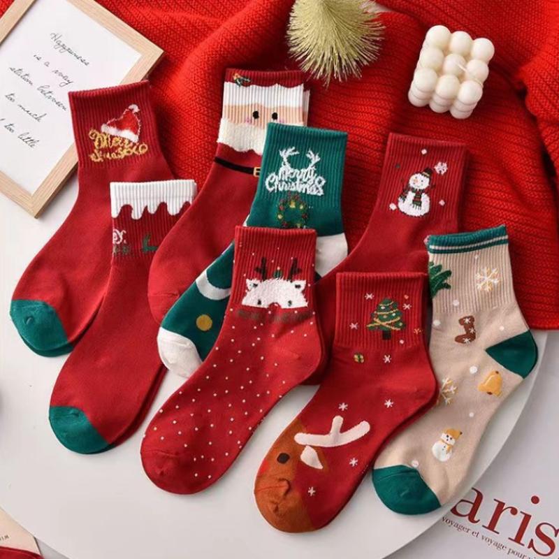 5 Paar Weihnachtsstrümpfe Weihnachtsmann Schneemann Weihnachtsbaum Socken Weihnachten Wadenlange Socken für Damen Herbst Winter Socken