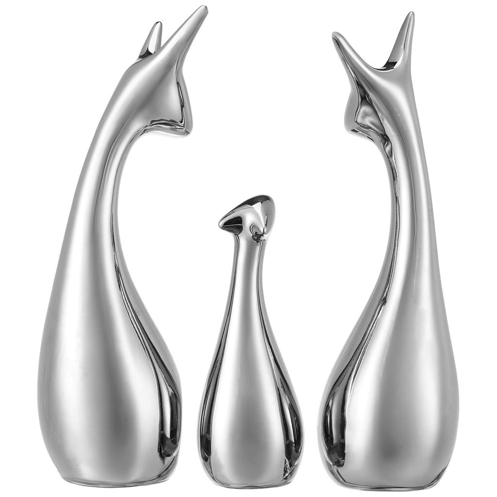 Home Decor Happy Silver Deer Statue Family Piano Finish Ceramic Figures (Set of 3, Silver)