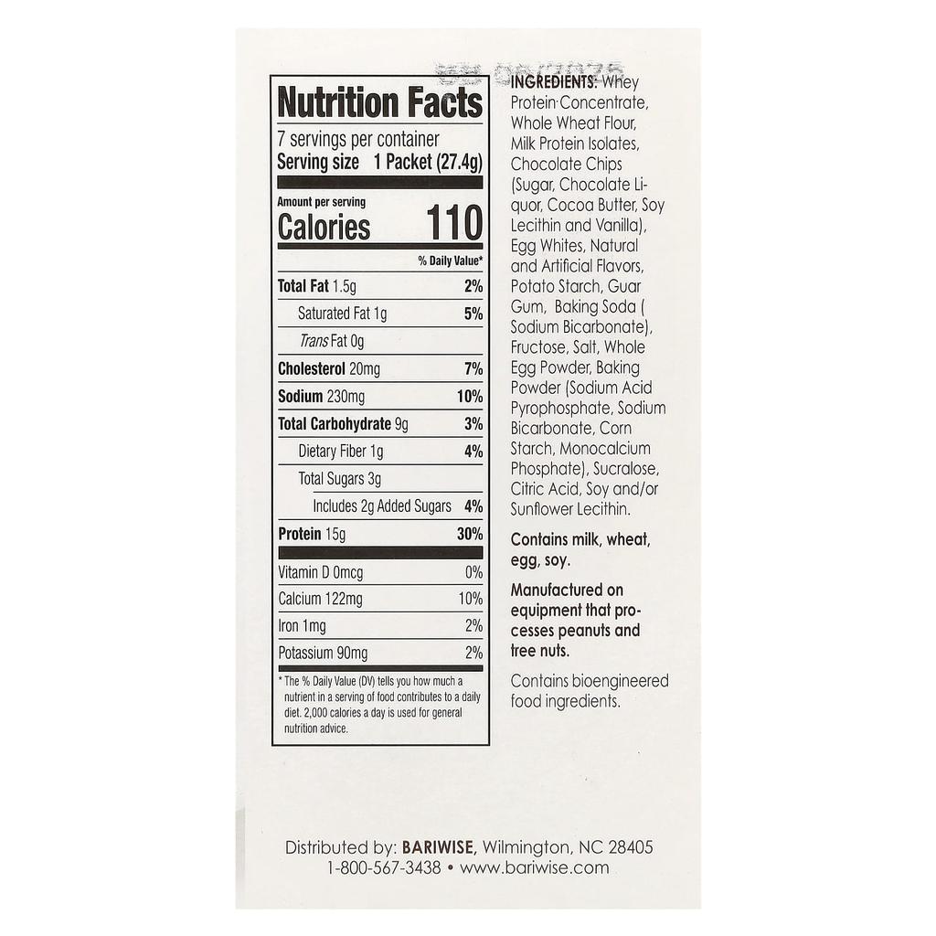 BariWise Protein Pancake & Waffle Mix, Chocolate Chip, 7 Packs, 23 G Each