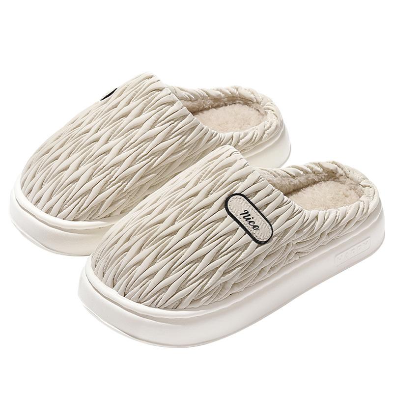 pu waterproof cotton slippers autumn and winter new couple home indoor thick plush warm soft bottom cotton mop