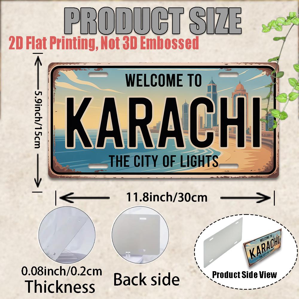 D Flatpc Vintage Metal Sign Only for Decoration Outdoor Wall Art  Welcome to Karachi Sign City of Lights Decor 15x30cm(5.9x7.8inch)