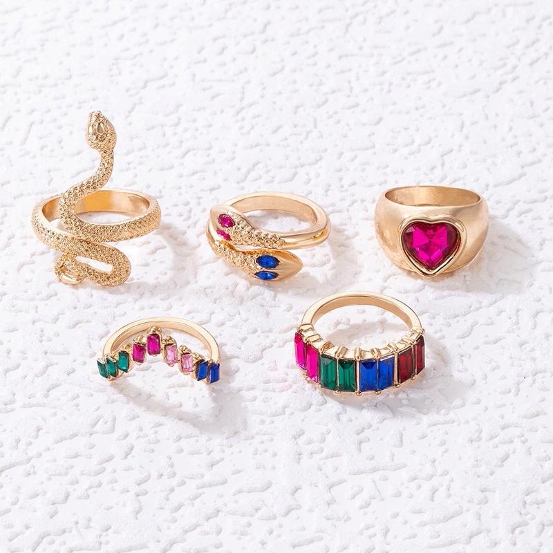 Set Of 5 Golden Rings Retro Punk Vintage Snake Heart Multicolor
