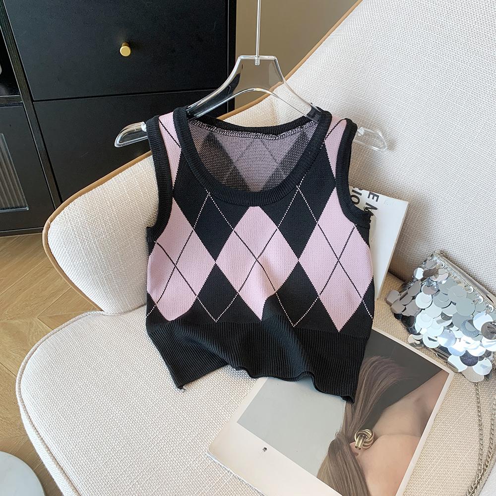 Autumn Fashion Casual Argyle Knitted Sweater Vest Women Winter Retro Sleeveless Pullover Sweater Women Waistcoat  Round Neck Knitwear Vests 24821