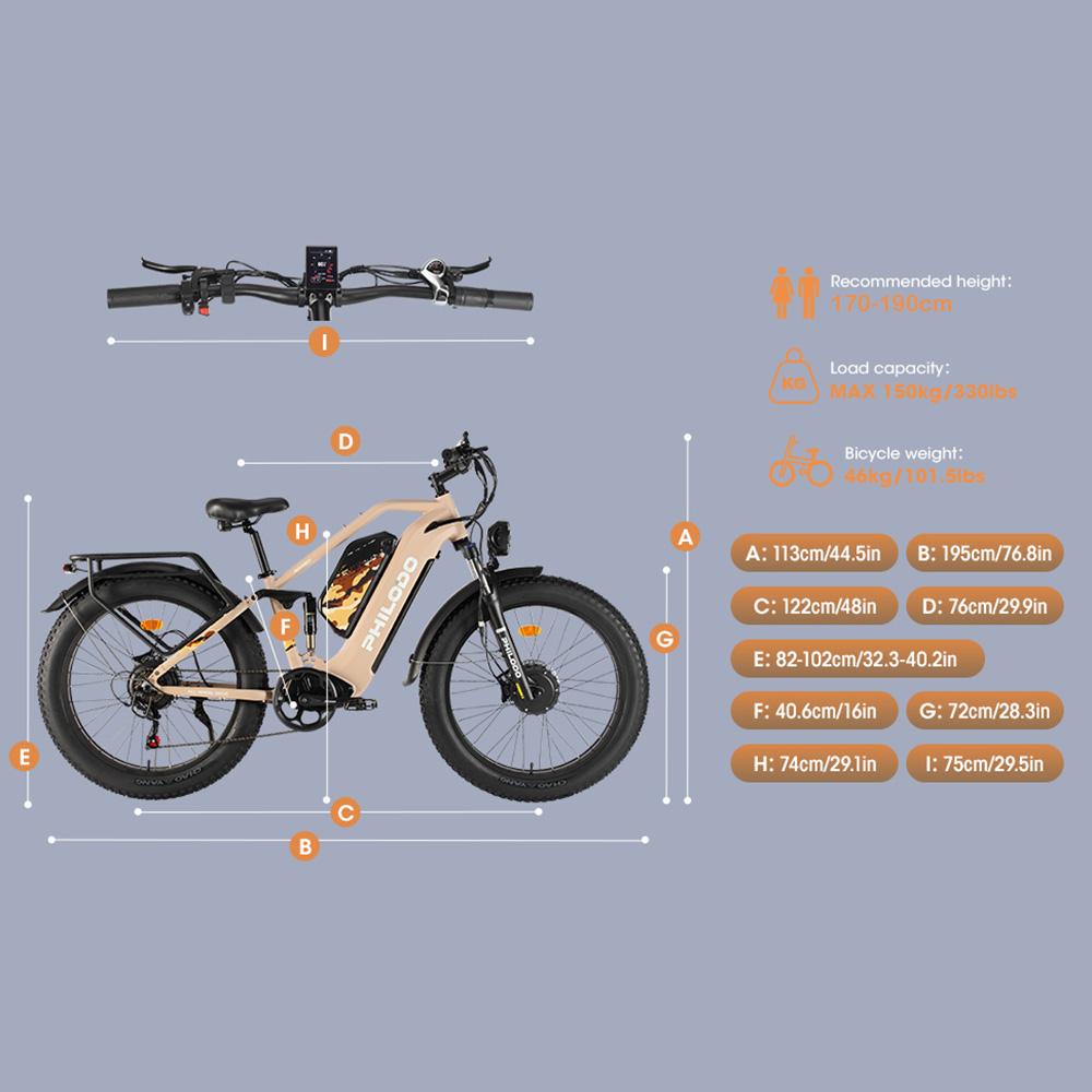 Electric Bicycle Philodo Jumbo 1500Wx2 Peak Motor 26" Fat Tire Full Suspension Electric  Bike For Adults 48V 46AH Dual Hydraulic Brake Max Load 150kg