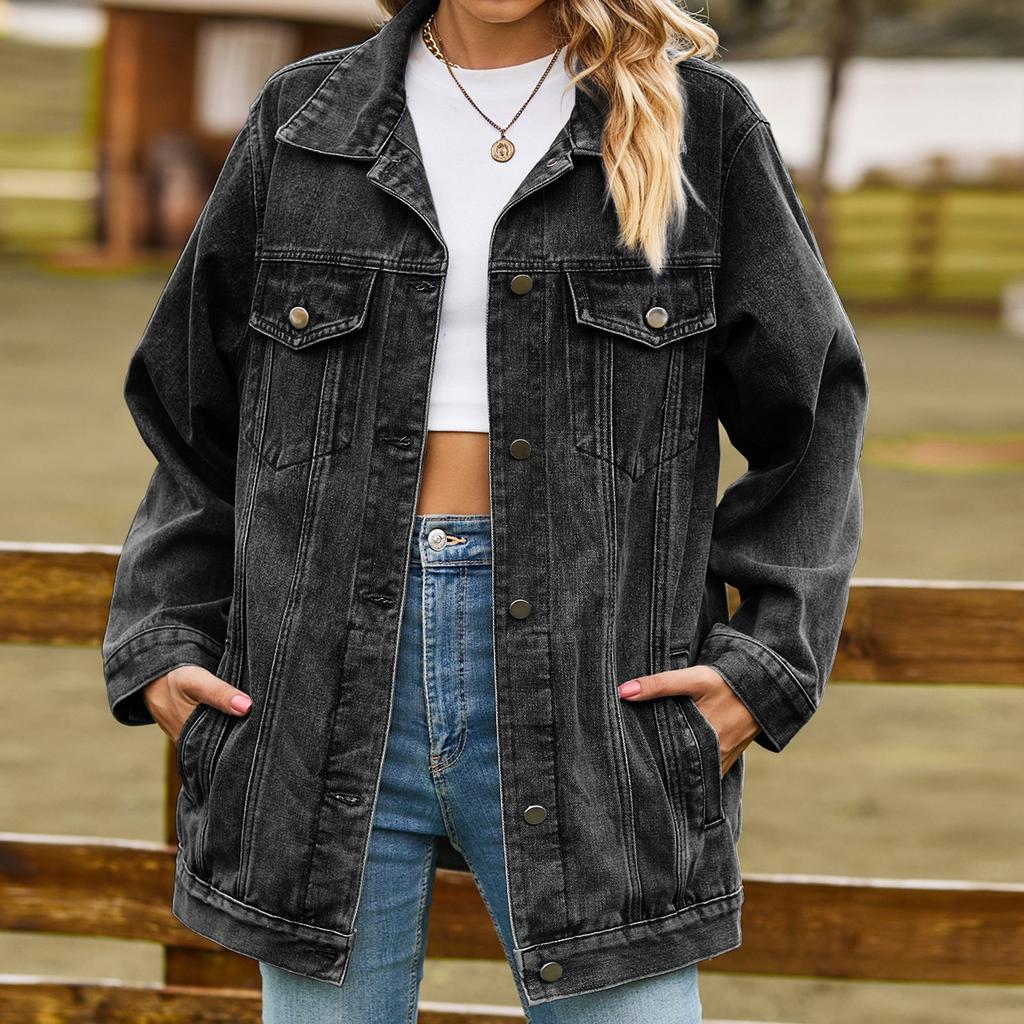 Women's Fashionable Versatile Classic Retro Solid Color Lapel Long Sleeved Pocket Loose Denim Jacket