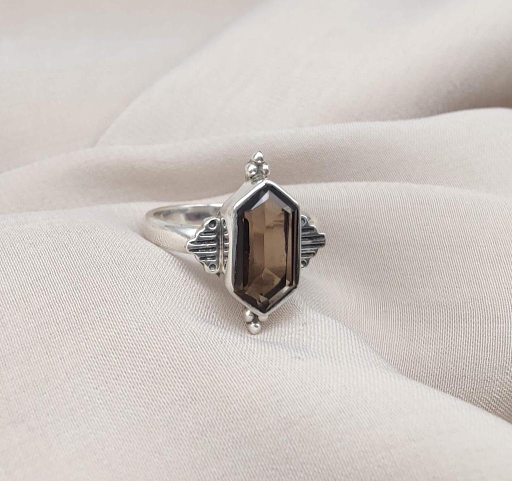 Smoky Quartz Sterling Silver Ring: Hexagon Gemstone, Boho Jewelry
