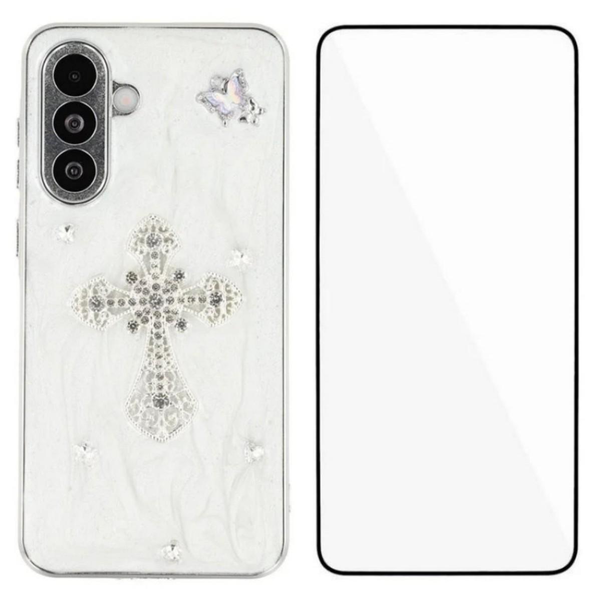

For Samsung Galaxy A36 5G Case WANLONFENG Electroplated Epoxy TPU+Acrylic Phone Cover with Tempered Glass Cross