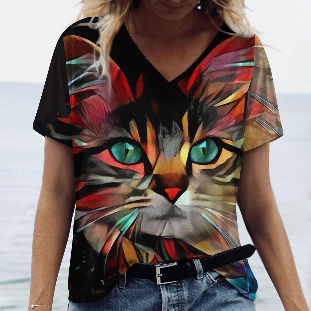 V Neck Tshirt Streetwear Y2k Clothes Women Summer Casual Oversize Dazzle Color Cats Print Shirt Short Sleeve Top Vintage Female