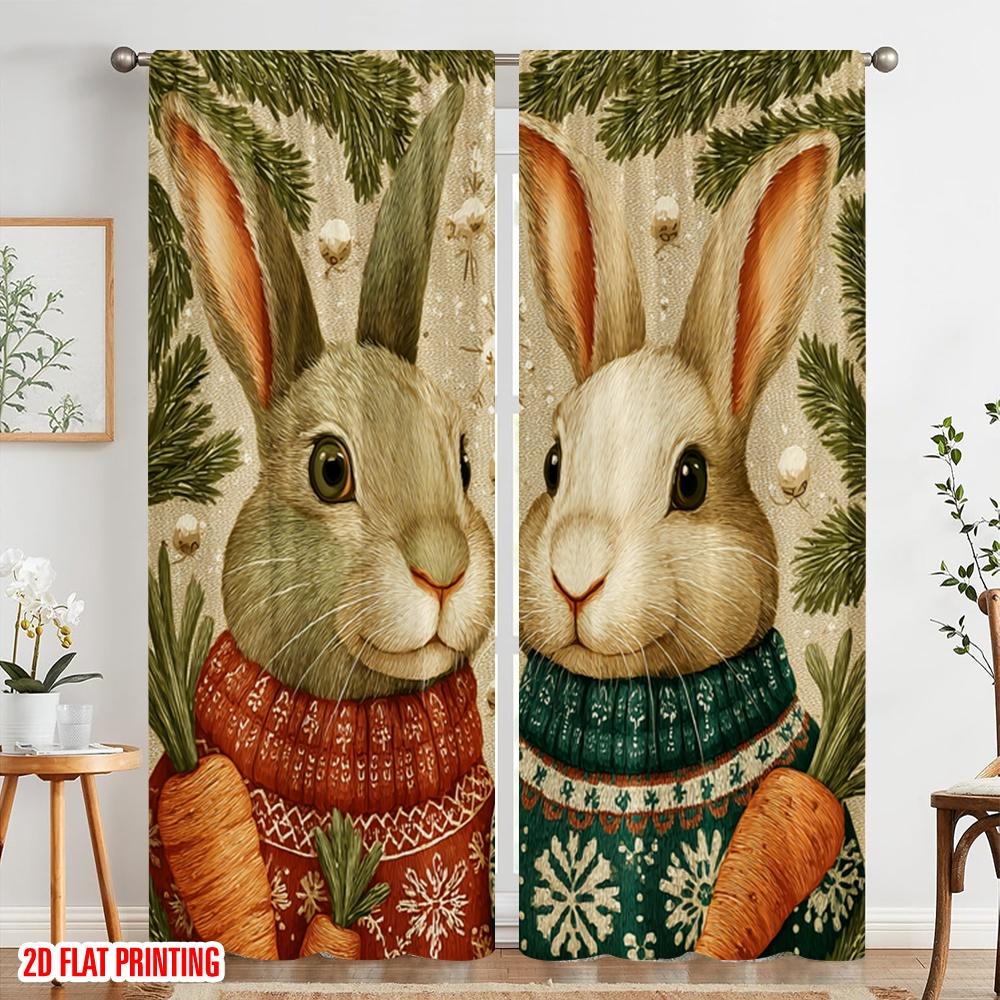 2pcs,2D plane printing Curtains&Window Treatment Rabbit with Pine Branches & Snowflakes Polyester (without rod) Decorations For