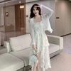 Coffee break French floral suspender dress summer large size design sense irregular front short rear long trailing fairy skirt
