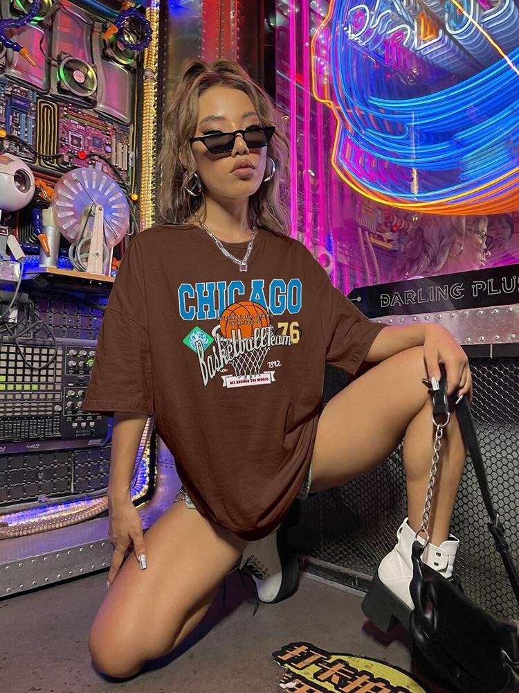 Chicago Basketball Club 76 Print Streetwear T-Shirt Women Summer Soft Cotton Brand Short Sleeve Breathable Oversize Tee Clothing