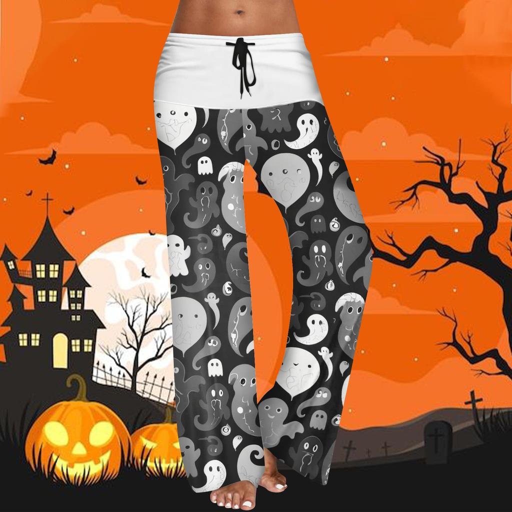 Women's Drawstring Elastic Waistband Wide Leg Color Matching Halloween Printed Casual Pants