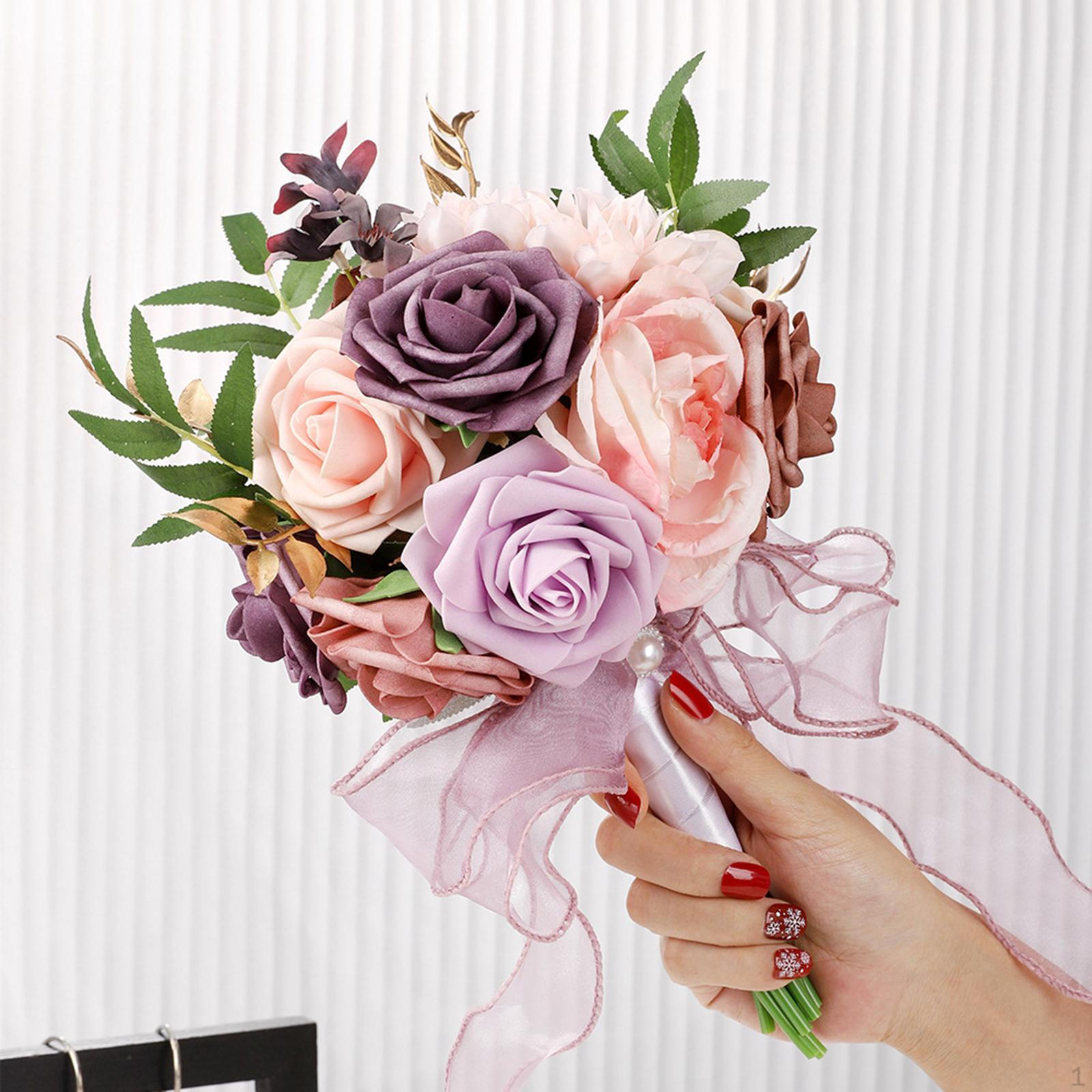

11,4-дюймовый шелковый букет невесты из роз, свадебный цветок невесты Pink Purple