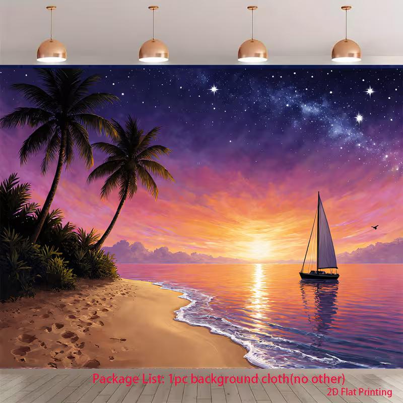 

2D Vacation Themed Backdrop, Starry Ocean Sunset with Palm Trees & Sailboat Banner 47.2x31.5inch/120*80cm