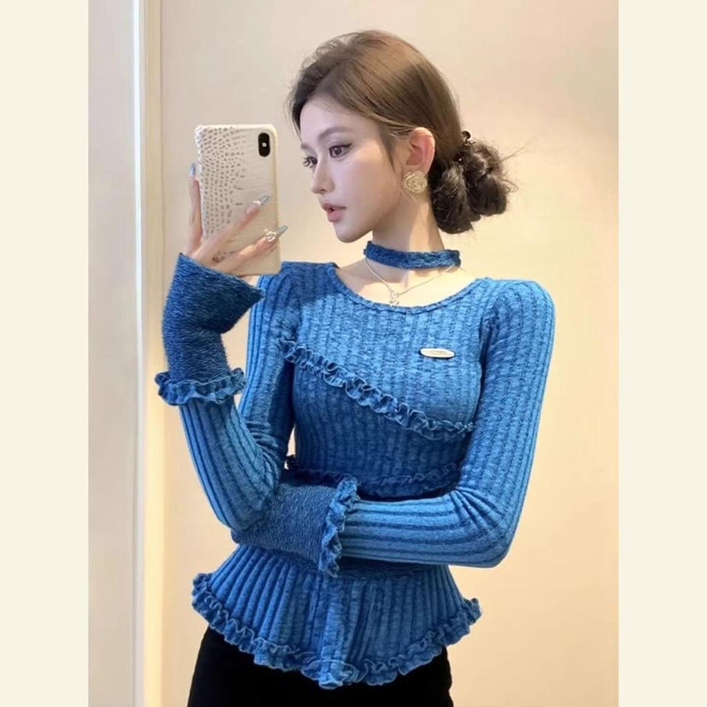 Korean Style 3D Decor Long Sleeve Top - Slimming, Solid Color, Versatile Tee for Autumn/Winter