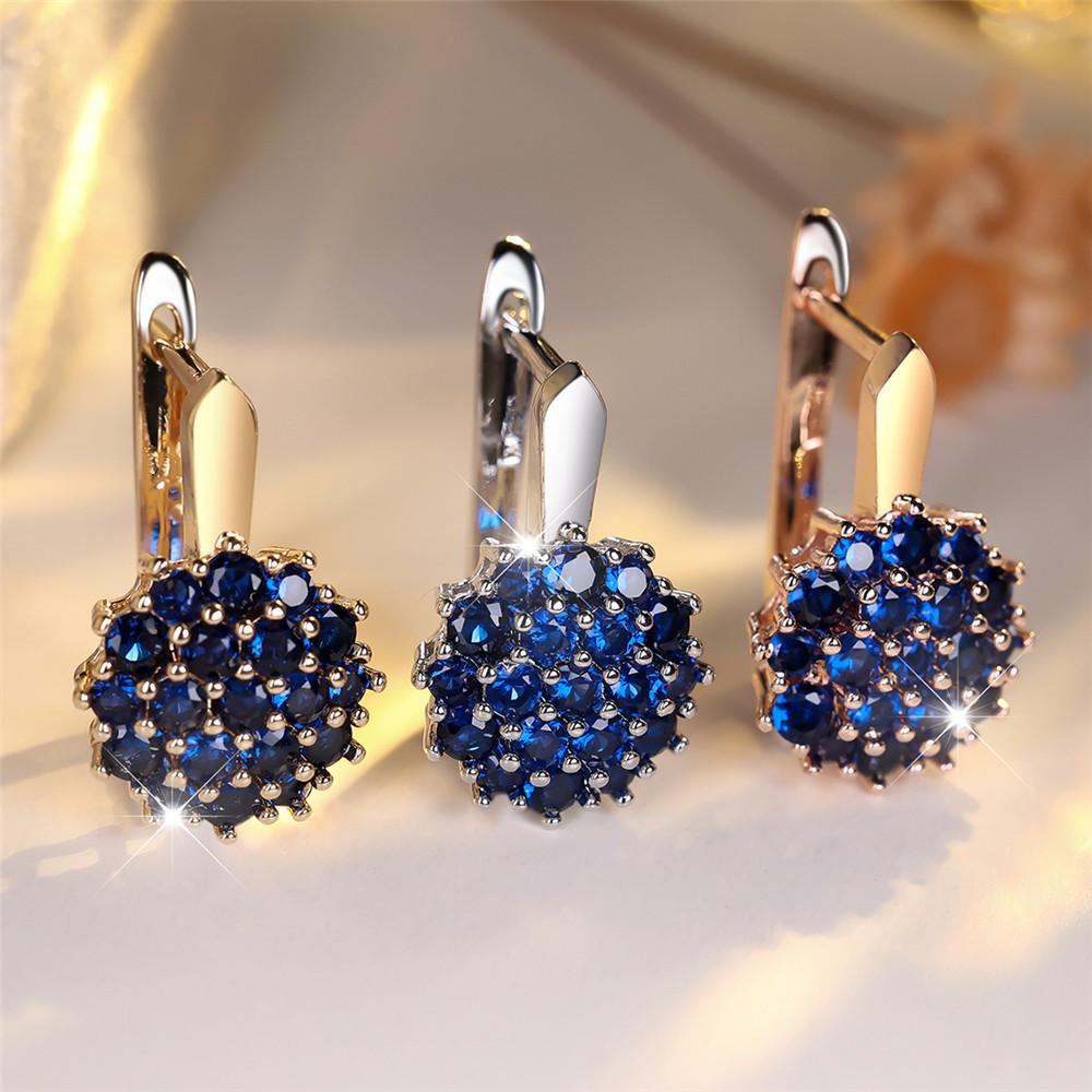 Cute Sunflower Blue Crystal Round Zircon Hoop Earrings For Women Gold Color Wedding Flower Jewelry Engagement Gift