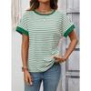 Damen Gestreiftes Waffelstrick T-Shirt Mit Kontrastbesatz Kurzarm Lässiges Rundhals-T-Shirt