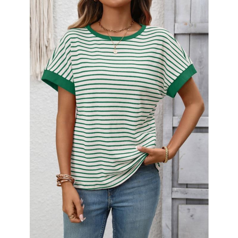 Damen Gestreiftes Waffelstrick T-Shirt Mit Kontrastbesatz Kurzarm Lässiges Rundhals-T-Shirt