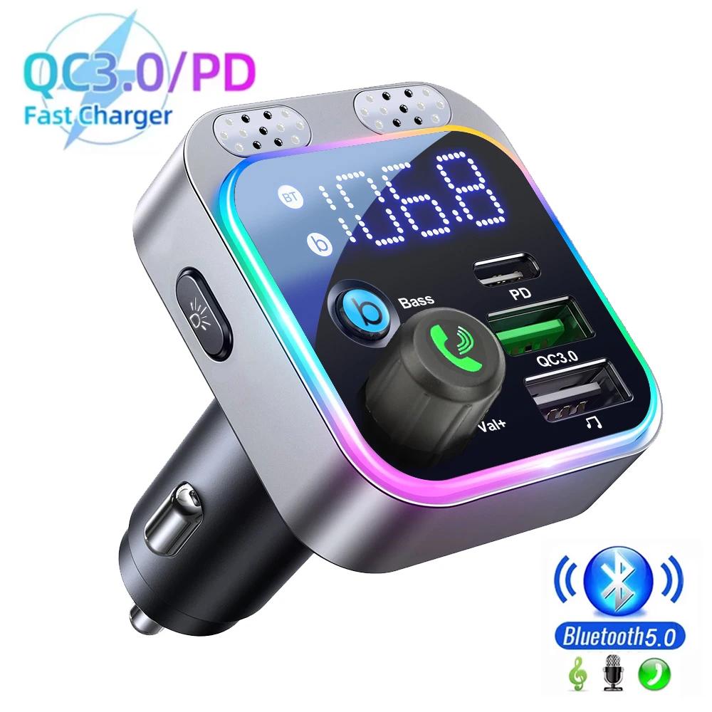 

Bluetooth 5.0 FM Transmitter 48W PD&QC3.0 Car Charger Dual Mics Deep Bass Sound with Voltage Display Hands-Free Call Adapter