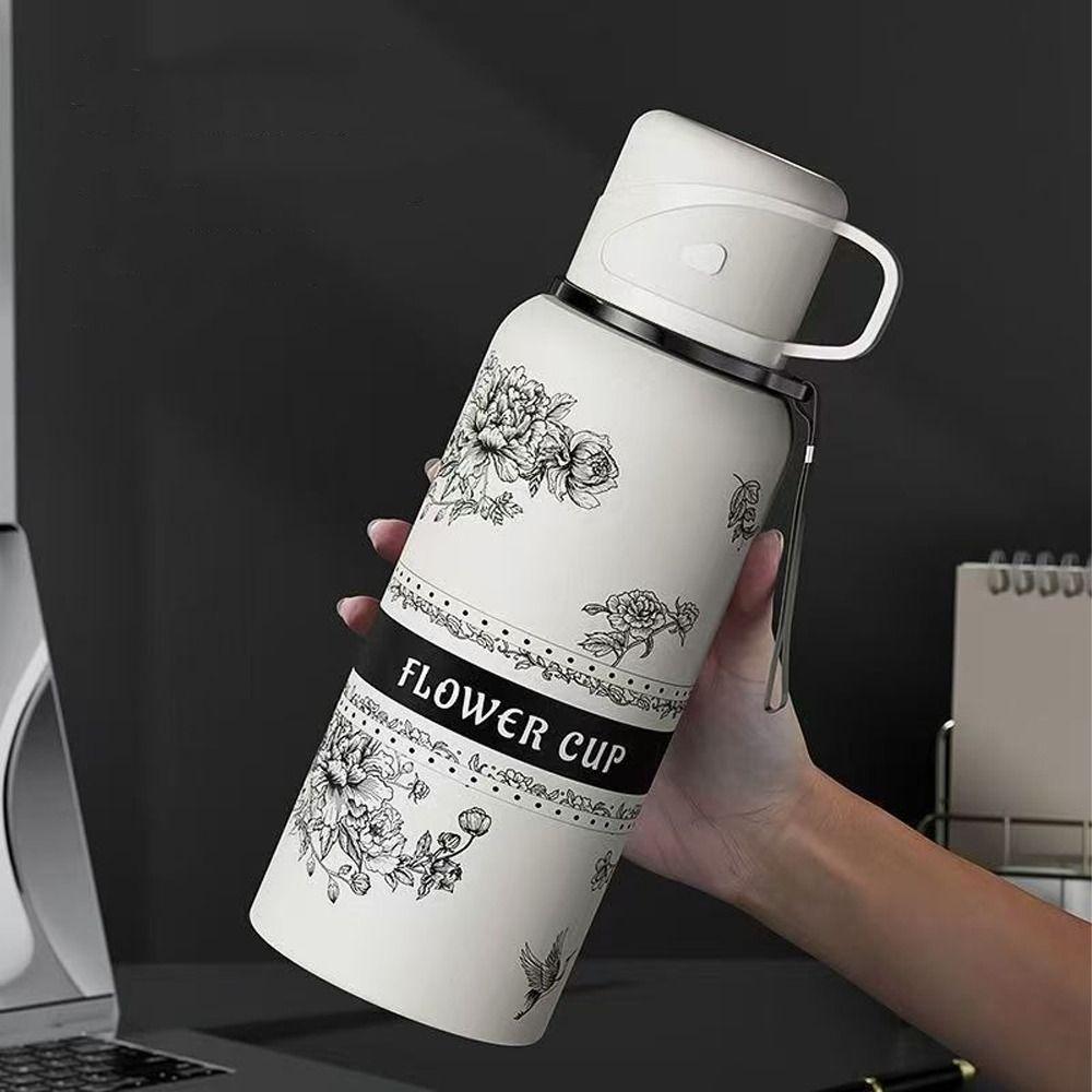 Double Layer Gardenia Thermo Bottle Large-capacity Sports Kettle Vacuum Thermos Cup  Daily Use