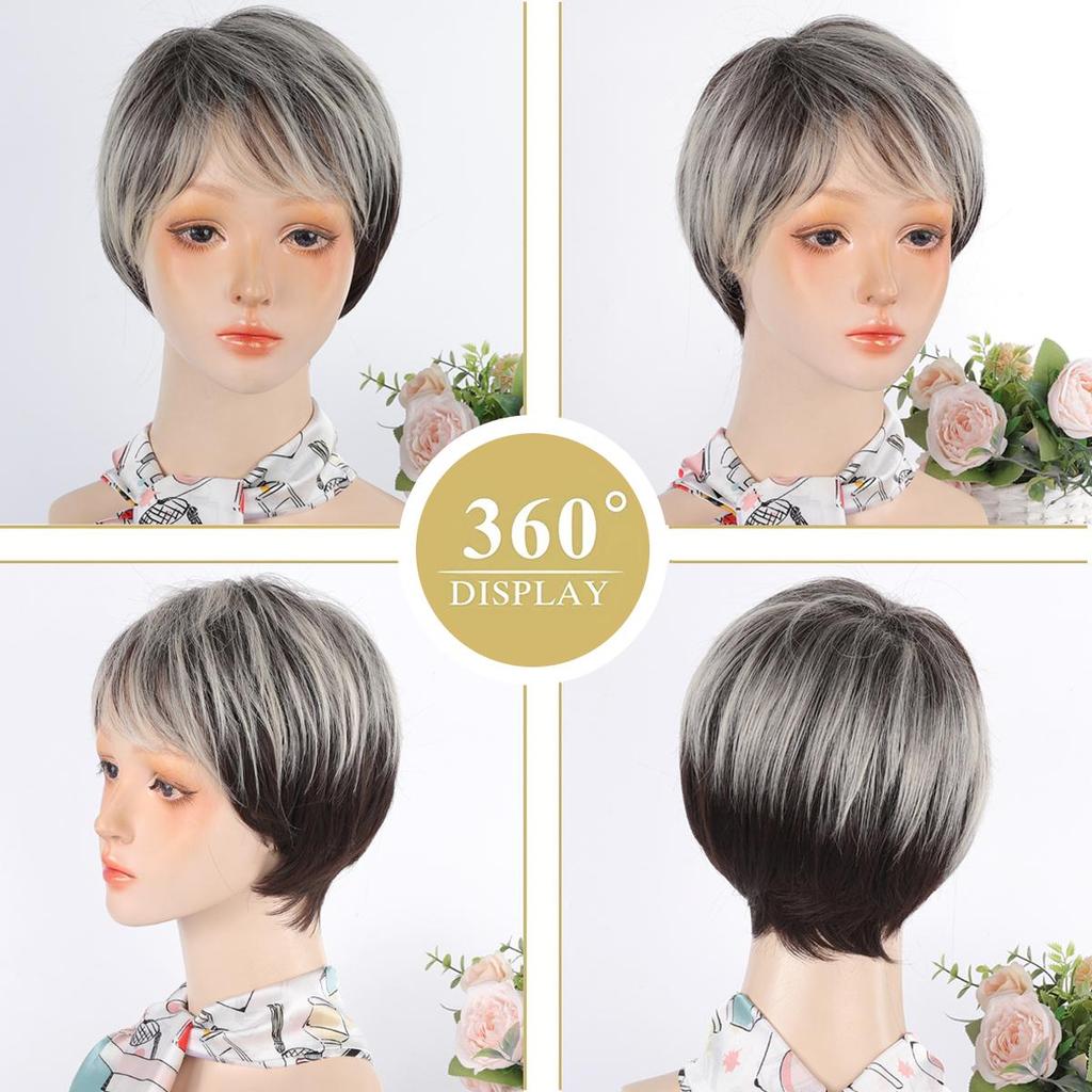 Perruque Femme Courte Style Pixie Gris - Synthétique Avec Frange - Taille Moyenne +4