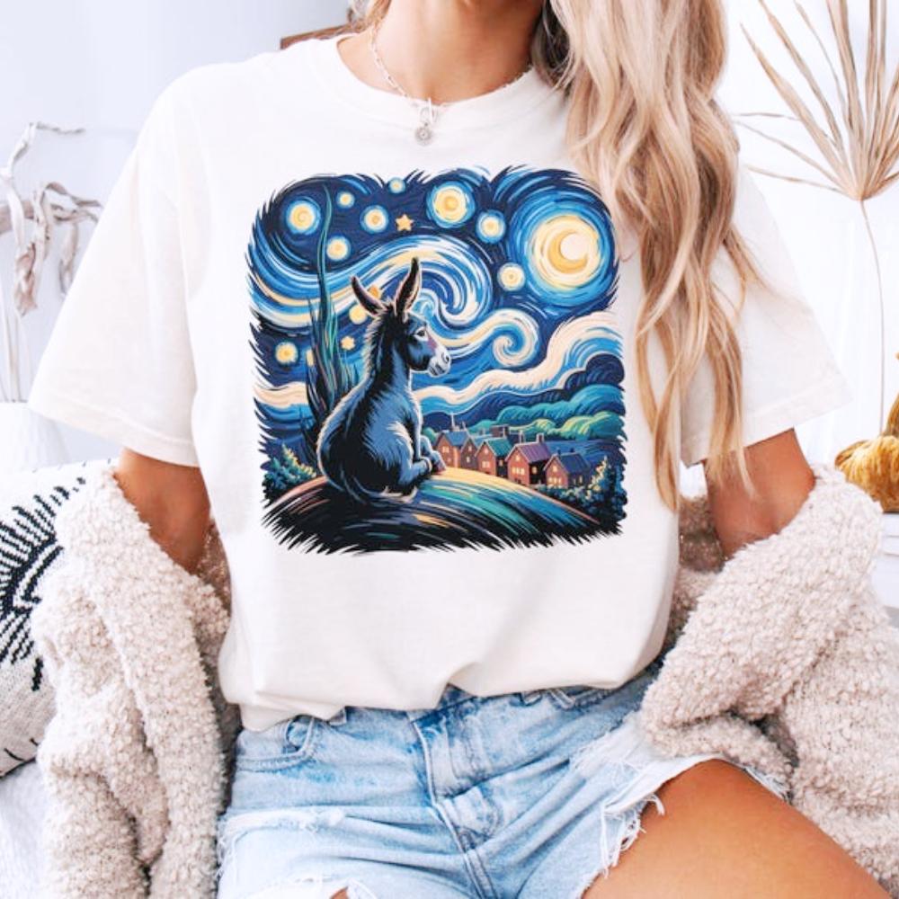 Van Gogh Donkey T-Shirt Starry Night Farm Animal Tee Funny Donkey Lover Shirt Unique Homestead Tshirt Men Women Cotton Tee To... S разноцветный