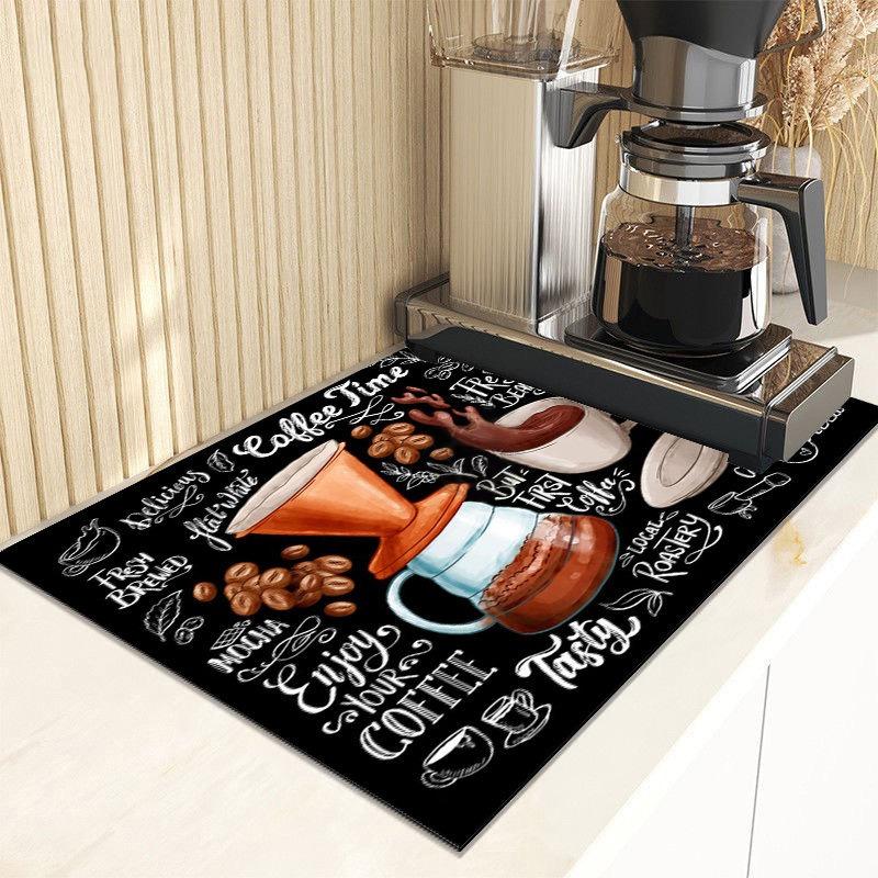 Kitchen Tableware Drying Mat Printed Coffee Machine Drain Pad Countertop Absorbent Draining Mat Placemat Dinnerware Table Decor
