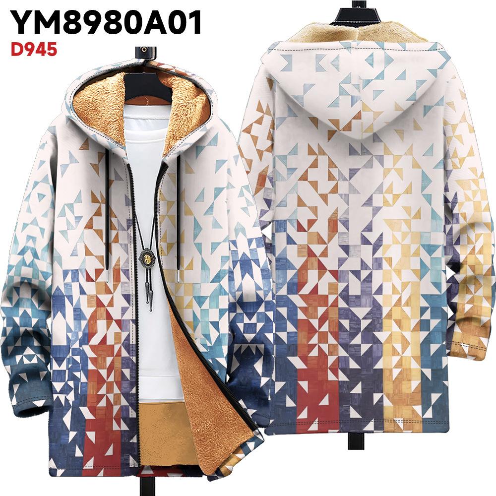 New Jacket: Multi-colored Pattern Elements, Zipper Hooded Cardigan, Thickened Winter Fleece Padded Clothes, Yellow Lining, Trendy Cotton Clothes
