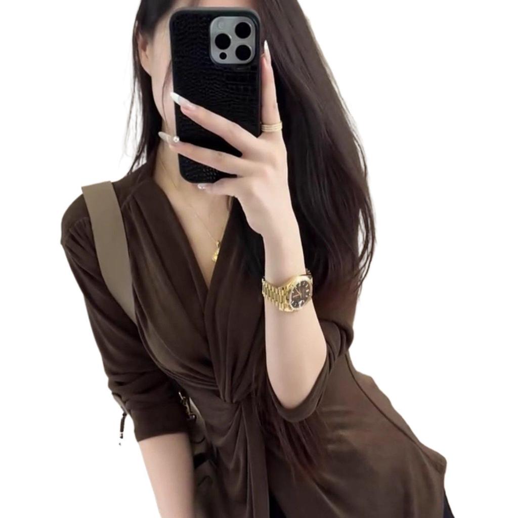 Women's Autumn 2025 Slim Fit V-Neck Twisted Long-Sleeve Top