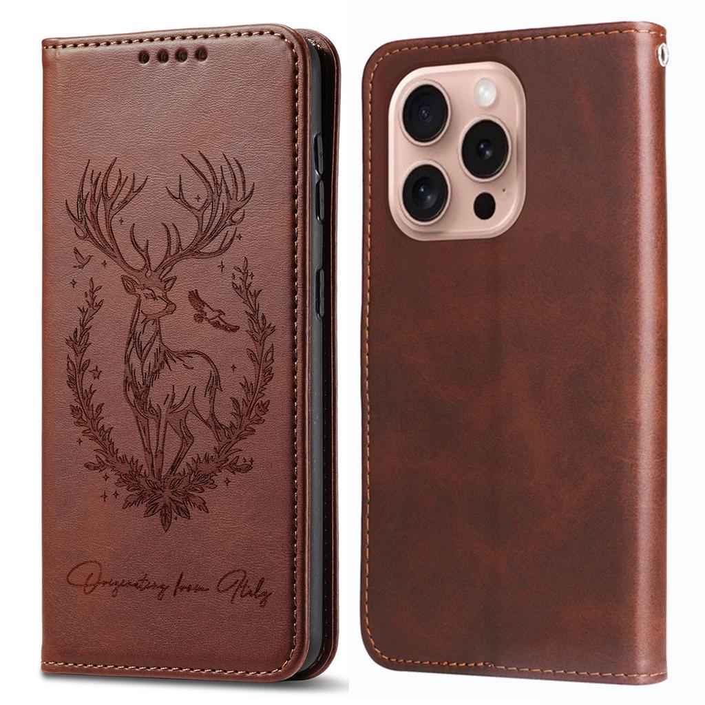 For iPhone 16 Pro Stand Case Lucky Deer Imprinted Magnetic Closure Leather Wallet Phone Cover
