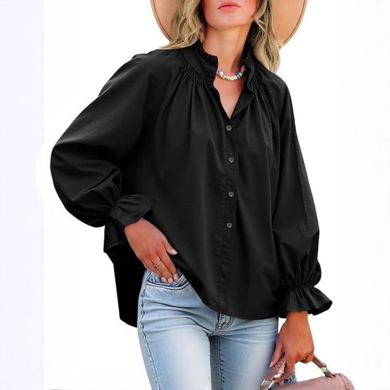 Spring and Autumn New Women's Elegant and Sweet Loose Casual Lantern Sleeve V-neck Ruffle Shirt