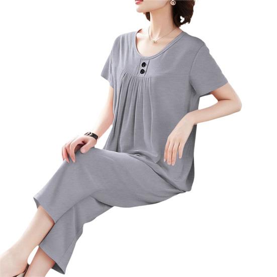 

2 Piece Women Pajama Set Short Sleeve Top And Cropped Pants Sleepwear Set Summer Casual Lounge Outfits L сірий