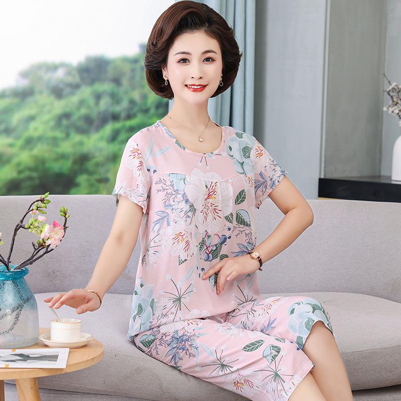 Women's Plus Size Summer Cotton Pajama Set for Middle-Aged & Elderly - Short-Sleeved Homewear Suitable for Outdoor Wear