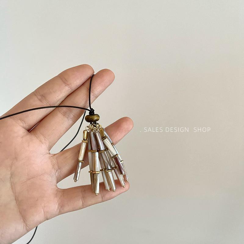 Vintage Tiger Eye Bead Necklace with Clam Tassel and Waxed Rope