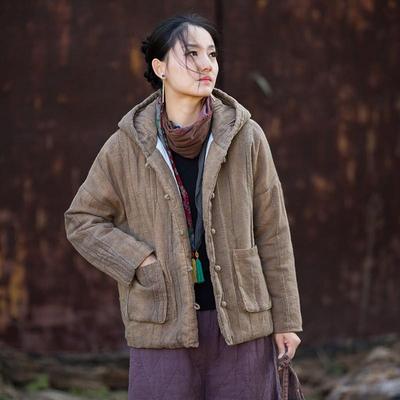 Kobiety Vintage Zimowe Płaszcze z Kapturem Zapinane na Guziki Kieszenie Tie-dye Styl Chiński Ciepłe Damskie Płaszcze