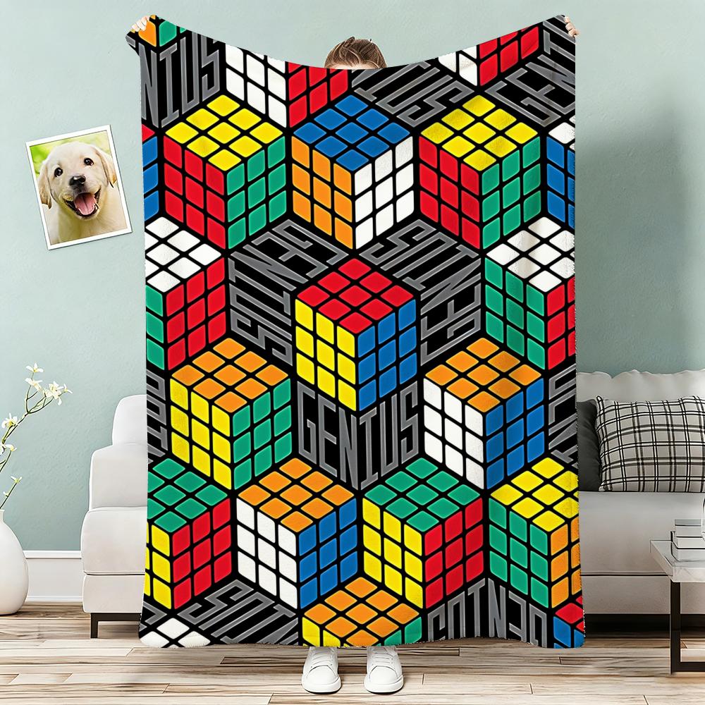Cute Cartoon Style Rubiks Cube Throw Lightweight G Flannel Blanket Soft Skinfriendly for Summer Cooling