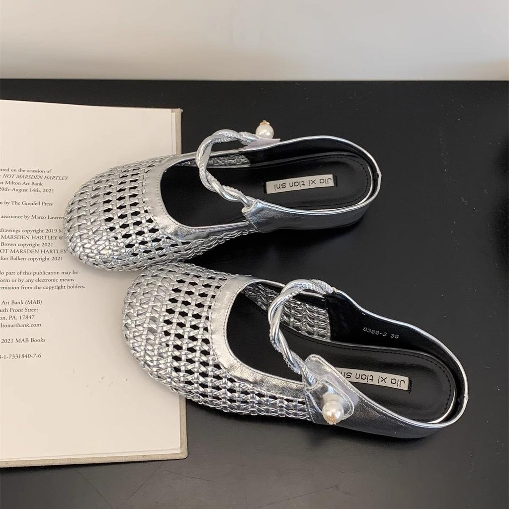 Inner height increase woven hollow bag head half slippers women's outer wear 2025 summer new breathable skirt platform sandals