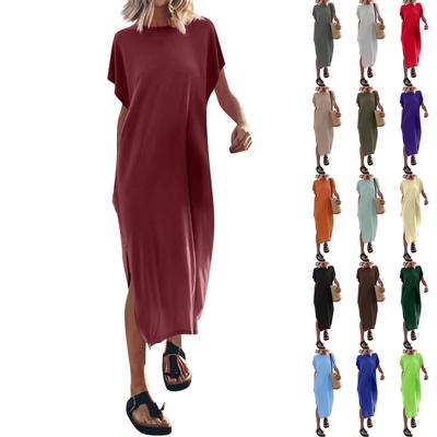 Damen Sommer Einfarbig T-Shirt Langes Kleid Rundhals Lässig Lose Split Kleid