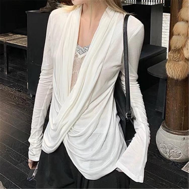 

Women s White Lace Patchwork Two-Piece Cowl Neck T-Shirt - Long Sleeve, Slim Fit for Spring/Summer Large