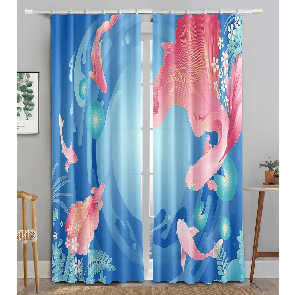 Chinese Tradtional Gold Fish Sea WaveBlackout Window Panel Curtain designed for Living Room Space Bedroom Bathroom Kicthen Door Cupboard Decor Hooks