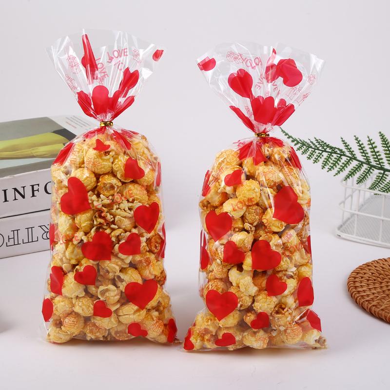 30/50/100Pcs Transparent Plastic OPP Bags Red Heart LOVE Printed Gift Bags With Golden Ties For Valentine'S Day And Couples