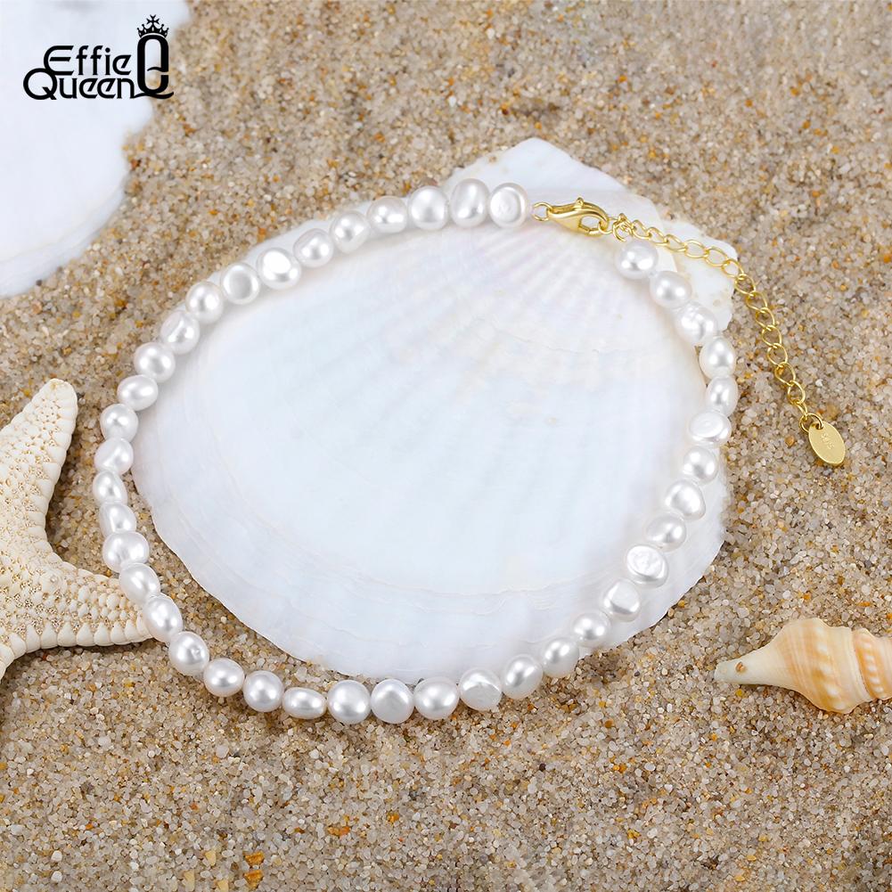 Effie Queen Natural Freshwater Pearls Beaded Chain Anklet Foot Accessories Simple Handmade S925 Silver Party Jewelry Gift SA38