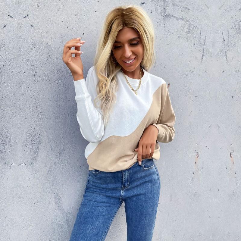 Vintage Fashion Elegant Casual Autumn Color Blocking Round Neck Long Sleeve Pullover Thin Knitted Sweater Women