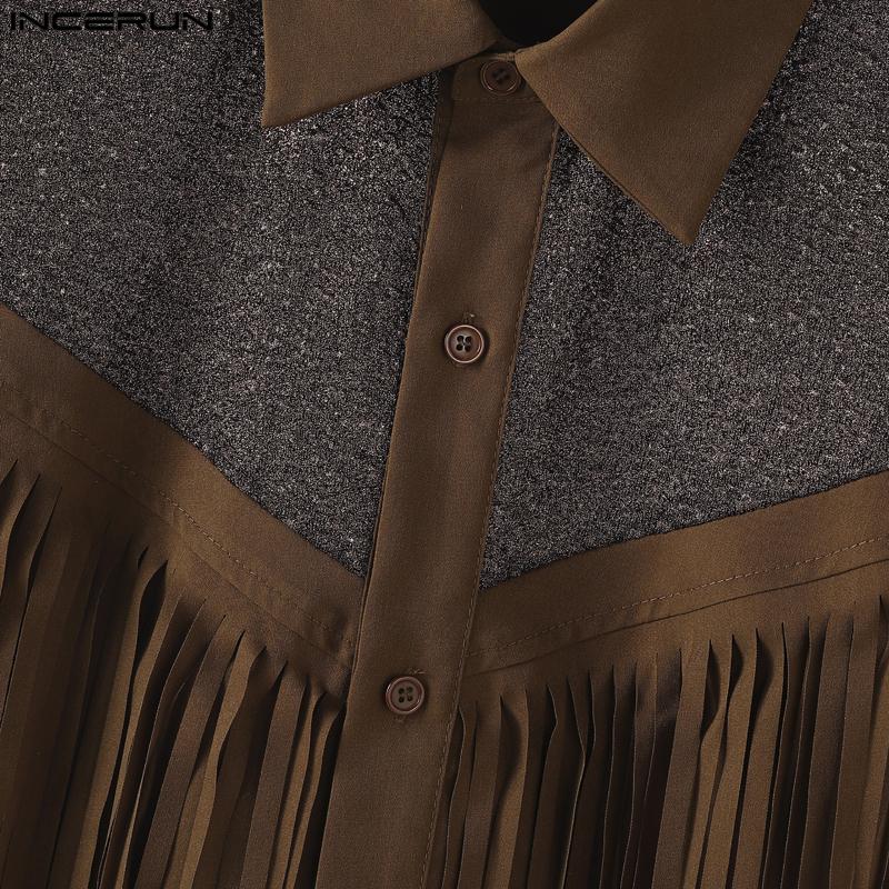 INCERUN Men Short Sleeve Glitter Tassel Patchwork Buttons Casual Tops T-shirts